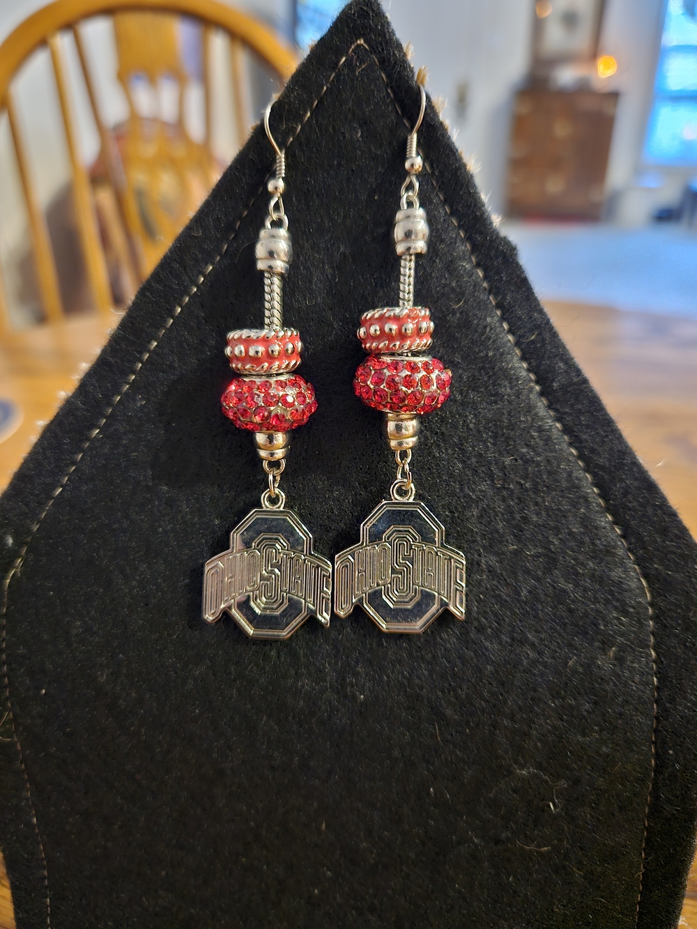 Red Crystal Bead Dangle Earrings with Silver OS Charms